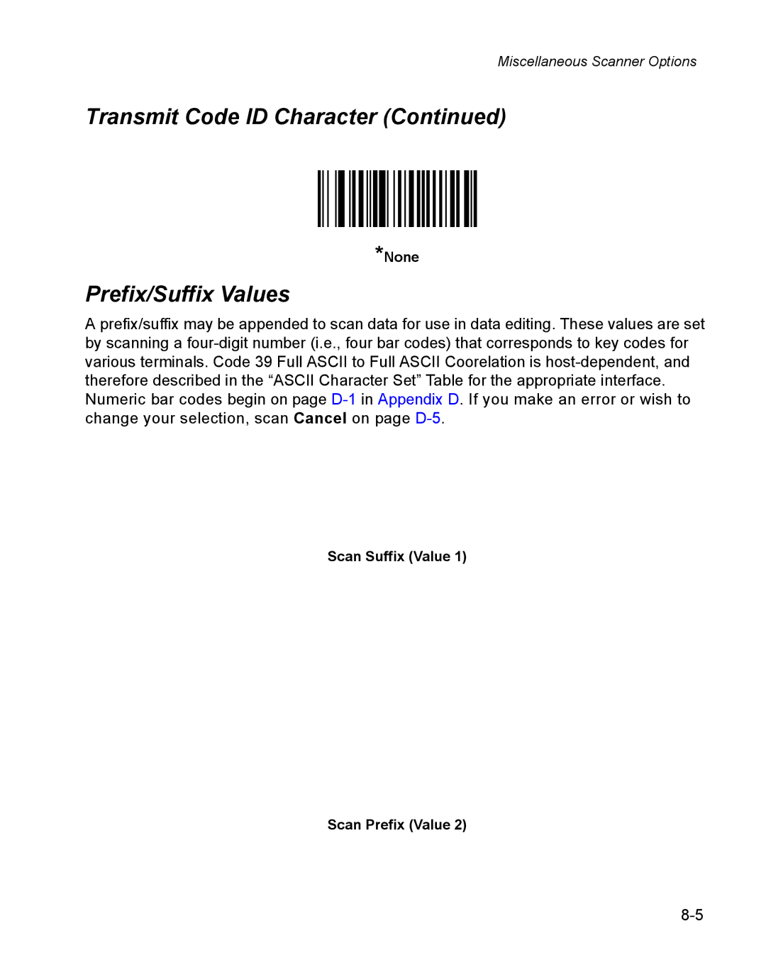Wasp Bar Code WPS100 manual Prefix/Suffix Values, None, Scan Suffix Value Scan Prefix Value 