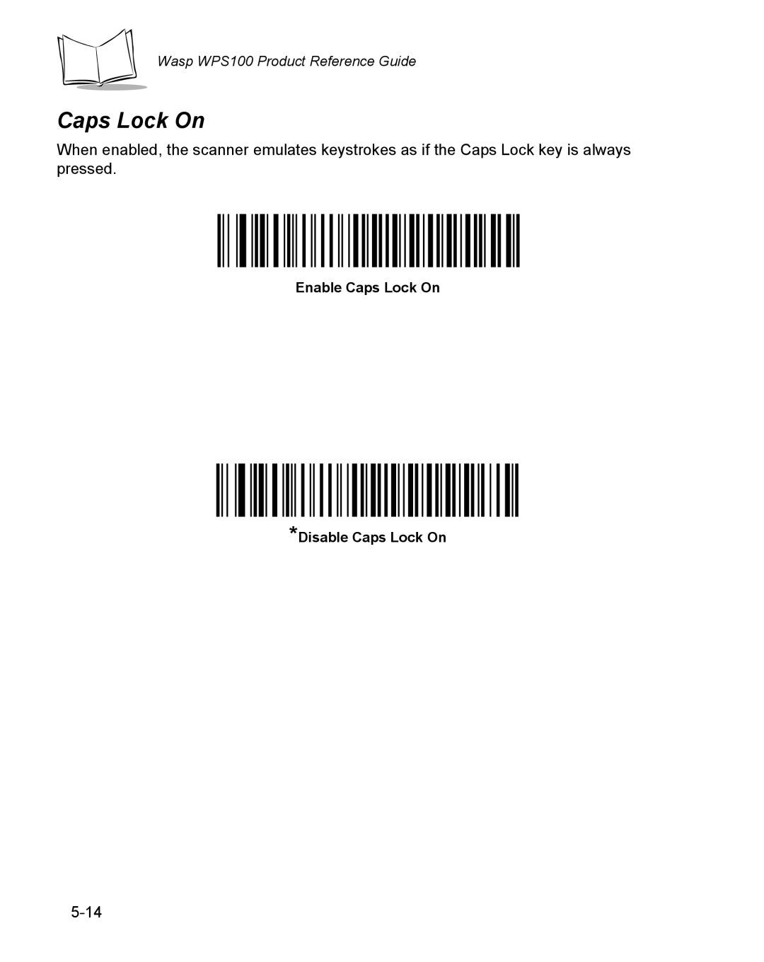 Wasp Bar Code WPS100 manual Enable Caps Lock On Disable Caps Lock On 