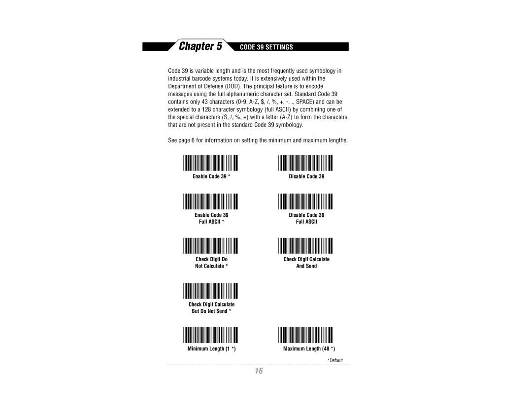 Wasp Bar Code WWR2900 manual Code 39 Settings 