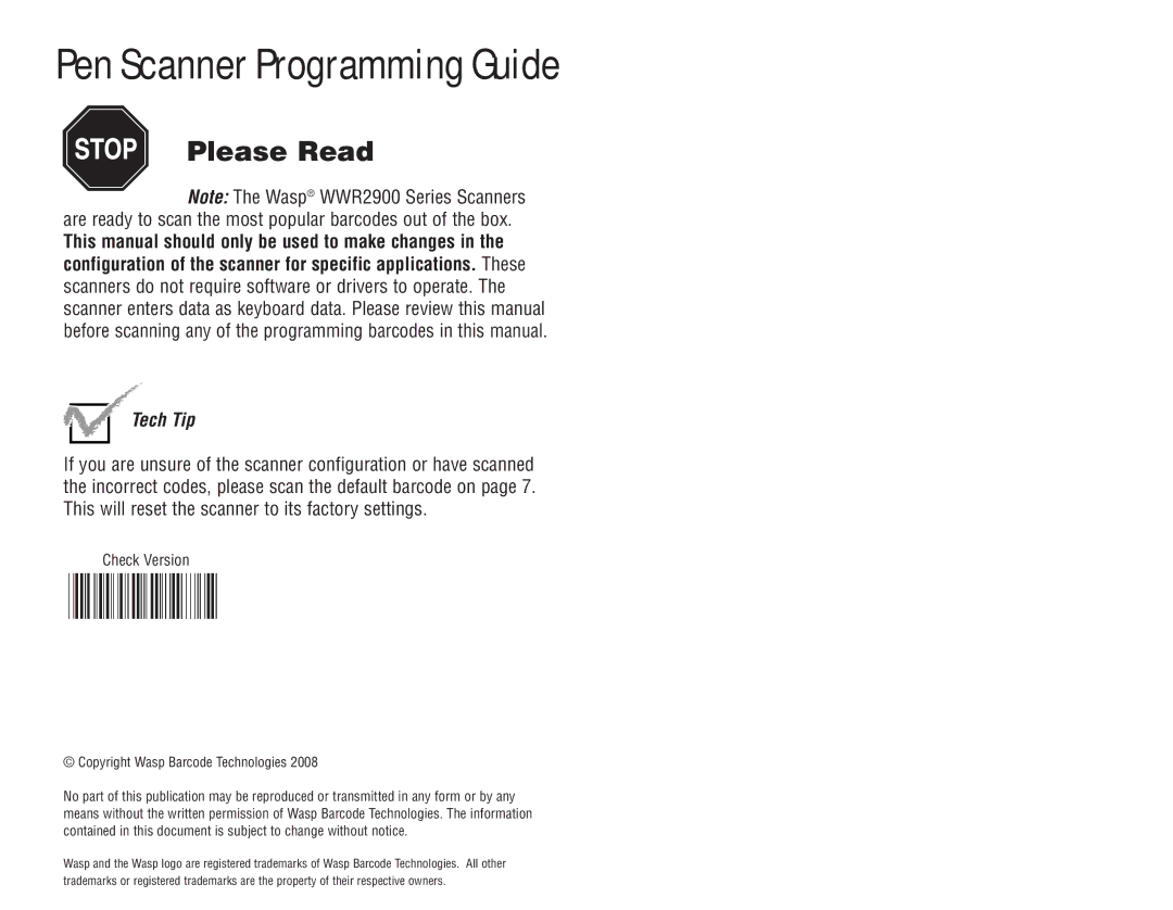 Wasp Bar Code WWR2900 manual Pen Scanner Programming Guide 