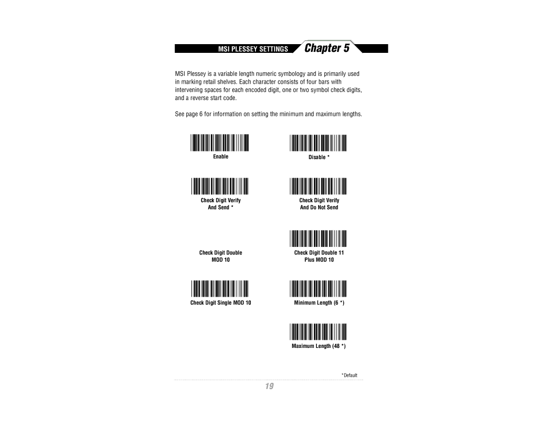 Wasp Bar Code WWR2900 manual MSI Plessey Settings 