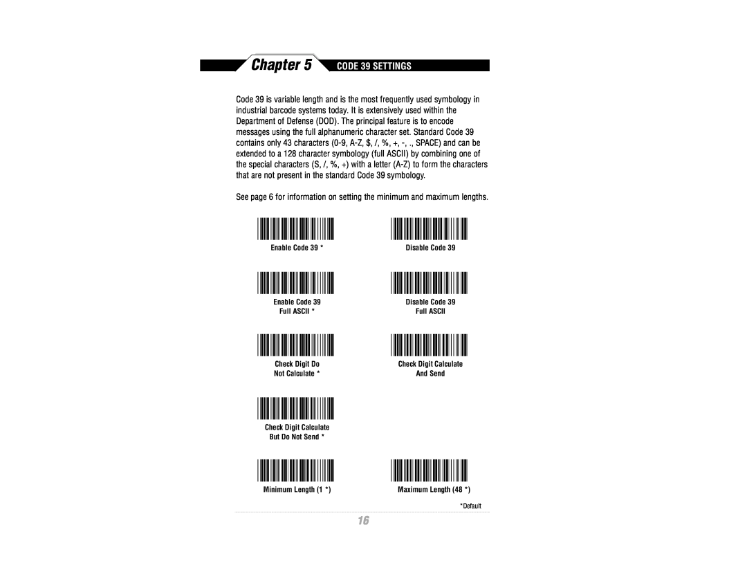 Wasp Bar Code WWR2900 manual CODE 39 SETTINGS, Chapter, Enable Code, Check Digit Do, Not Calculate, Minimum Length 