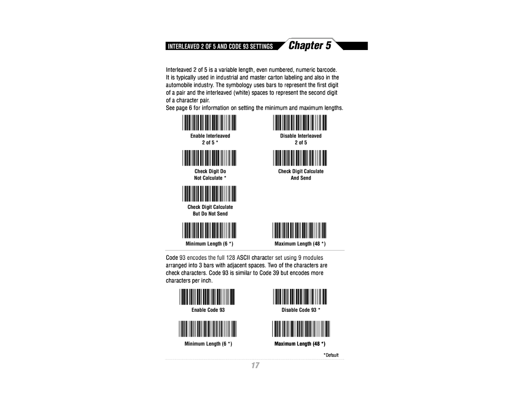 Wasp Bar Code WWR2900 manual Chapter, INTERLEAVED 2 OF 5 AND CODE 93 SETTINGS 