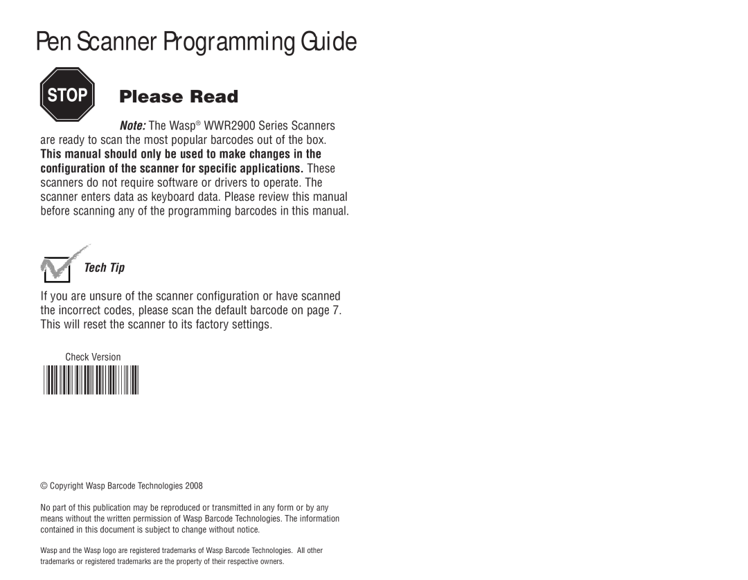 Wasp Bar Code WWR2900 manual Pen Scanner Programming Guide, Please Read, Tech Tip 