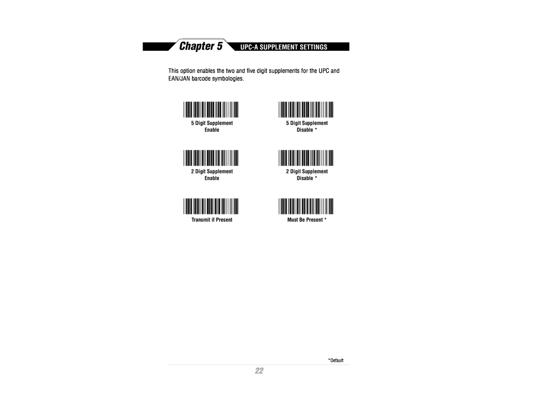 Wasp Bar Code WWR2900 Upc-A Supplement Settings, Transmit if Present, Digit Supplement, Disable, Must Be Present, Default 