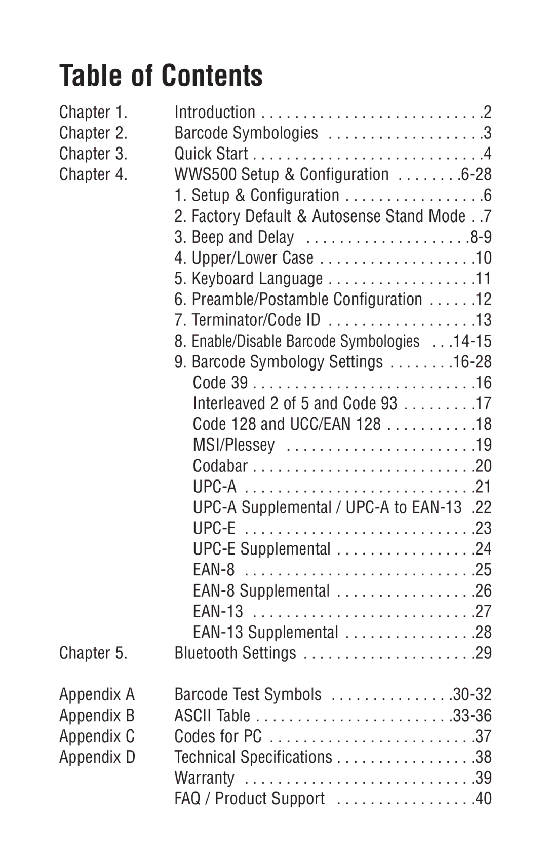 Wasp Bar Code WWS500 manual Table of Contents 