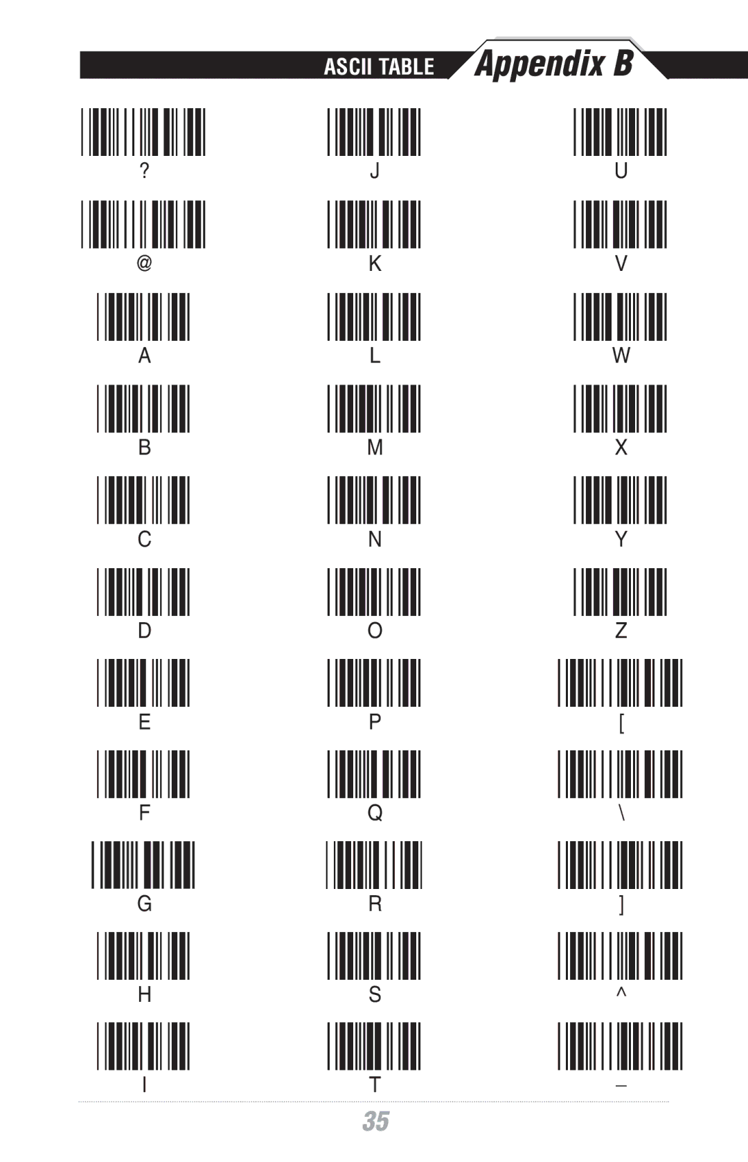 Wasp Bar Code WWS500 manual Ascii Table 