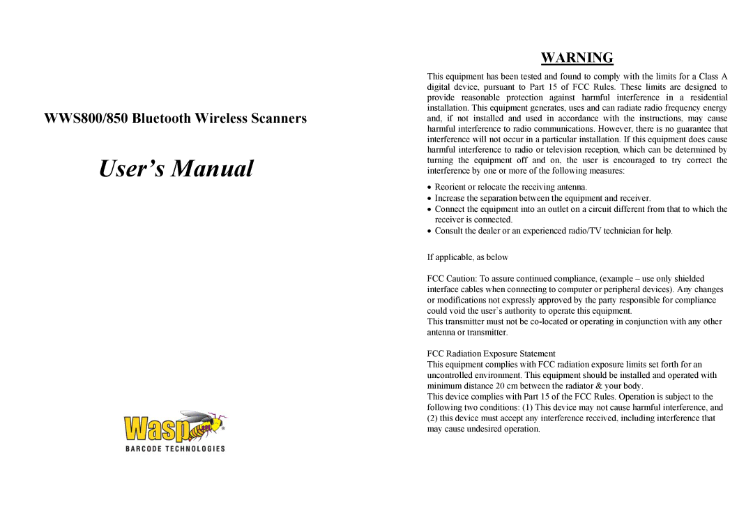 Wasp Bar Code WWS850, WWS800 user manual User’s Manual 