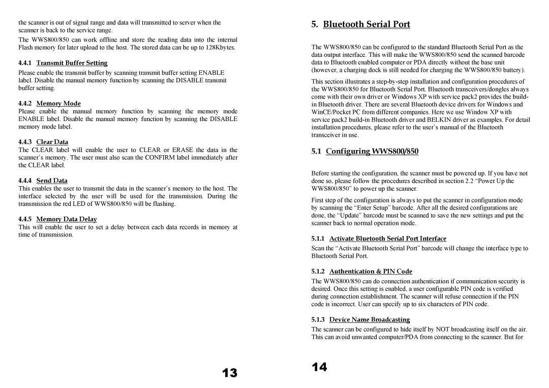 Wasp Bar Code WWS850 user manual Bluetooth Serial Port, Configuring WWS800/850 