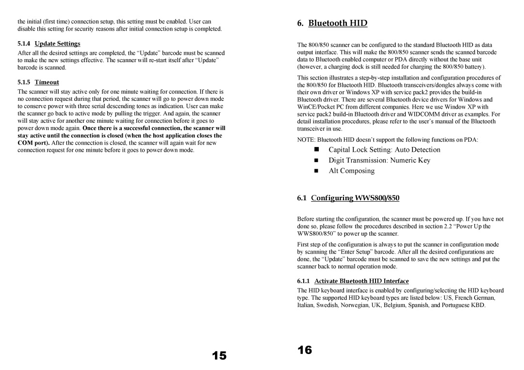 Wasp Bar Code WWS850, WWS800 user manual Update Settings, Timeout, Activate Bluetooth HID Interface 