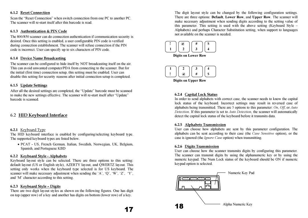 Wasp Bar Code WWS800, WWS850 user manual HID Keyboard Interface, Reset Connection 