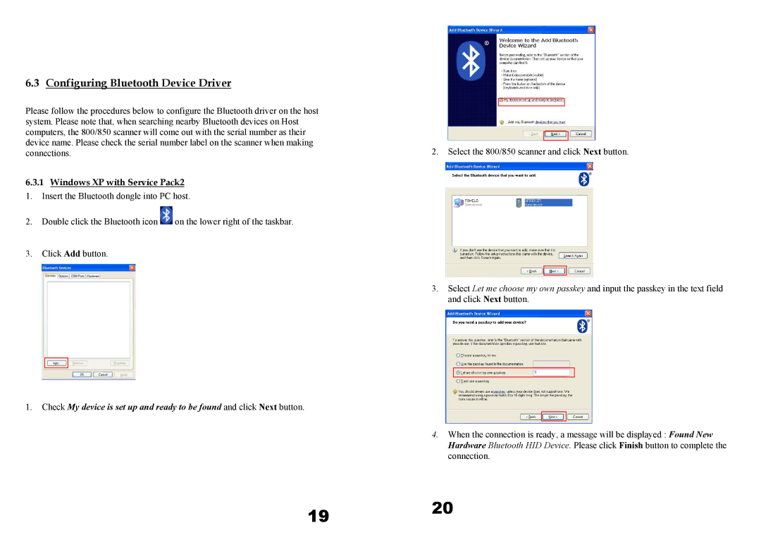 Wasp Bar Code WWS850, WWS800 user manual Configuring Bluetooth Device Driver, Windows XP with Service Pack2 