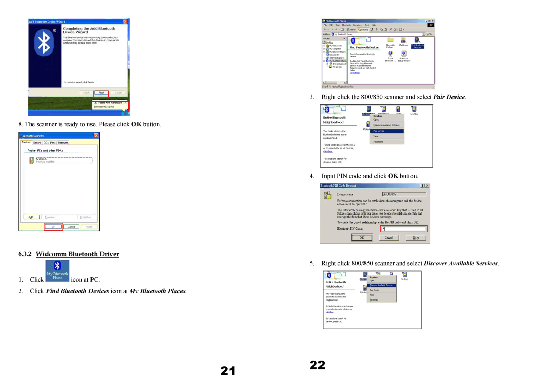 Wasp Bar Code WWS800, WWS850 user manual Widcomm Bluetooth Driver, Click Find Bluetooth Devices icon at My Bluetooth Places 