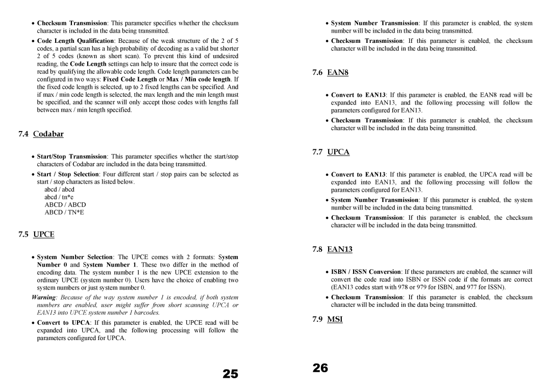 Wasp Bar Code WWS800, WWS850 user manual Codabar, Upce, EAN8, Upca, EAN13, Msi 