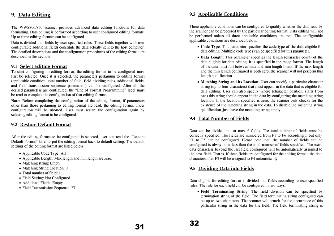 Wasp Bar Code WWS850, WWS800 user manual Data Editing 