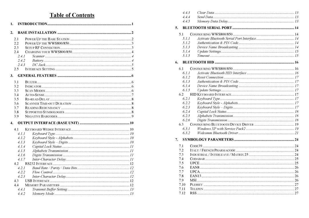 Wasp Bar Code WWS800, WWS850 user manual Table of Contents 