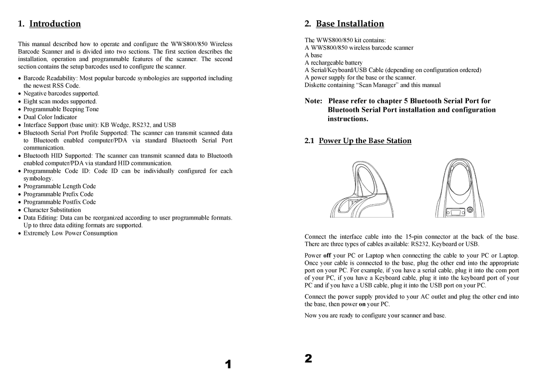 Wasp Bar Code WWS800, WWS850 user manual Introduction, Base Installation, Power Up the Base Station 