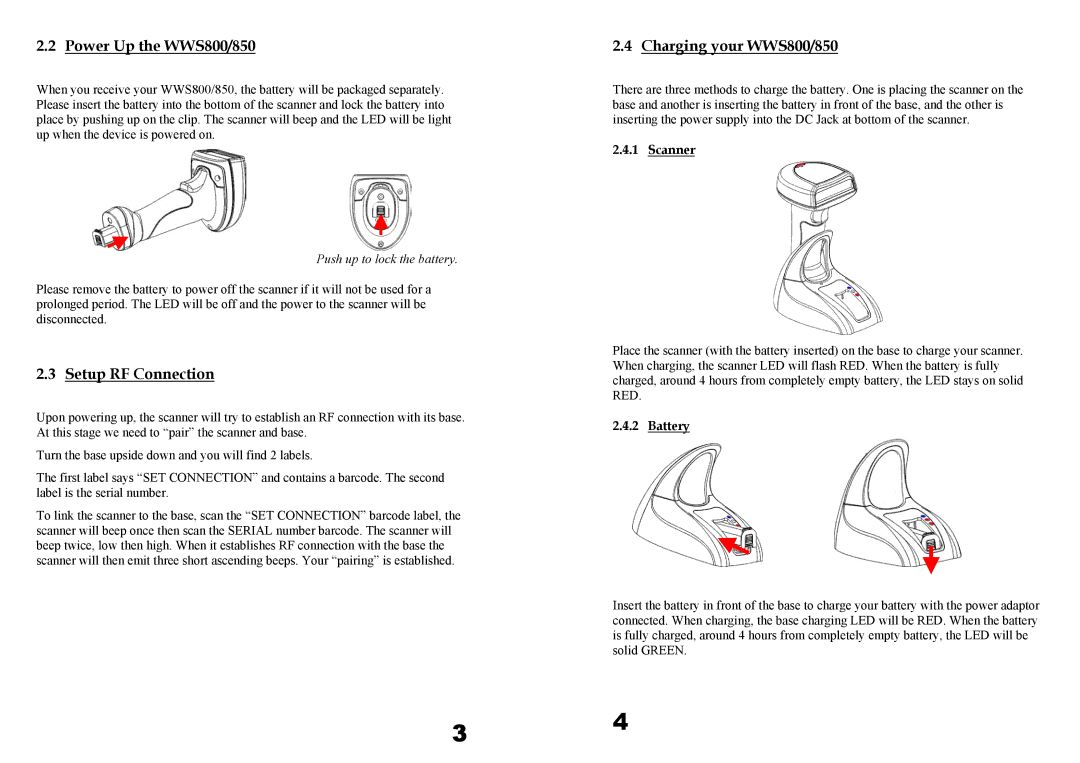 Wasp Bar Code WWS850 user manual Power Up the WWS800/850, Setup RF Connection, Charging your WWS800/850, Scanner, Battery 