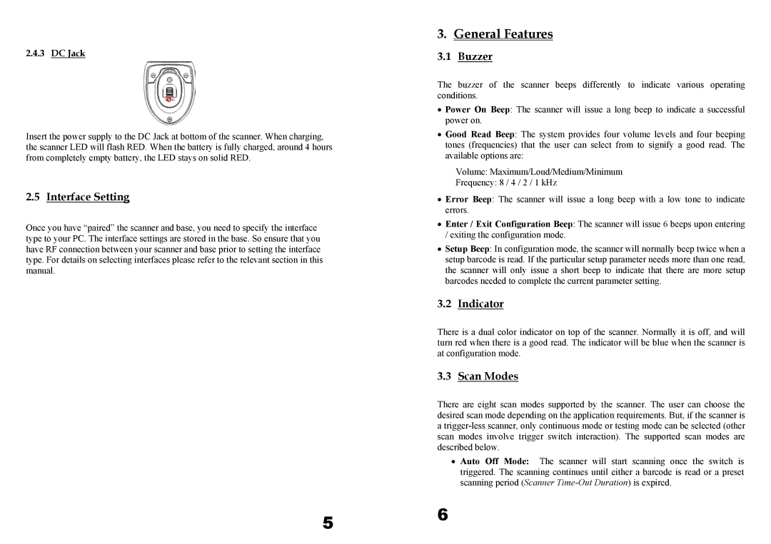 Wasp Bar Code WWS800, WWS850 user manual General Features, Interface Setting, Buzzer, Indicator, Scan Modes 