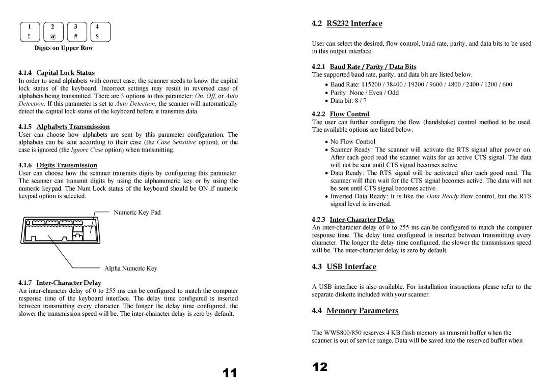 Wasp Bar Code WWS850, WWS800 user manual RS232 Interface, USB Interface, Memory Parameters 