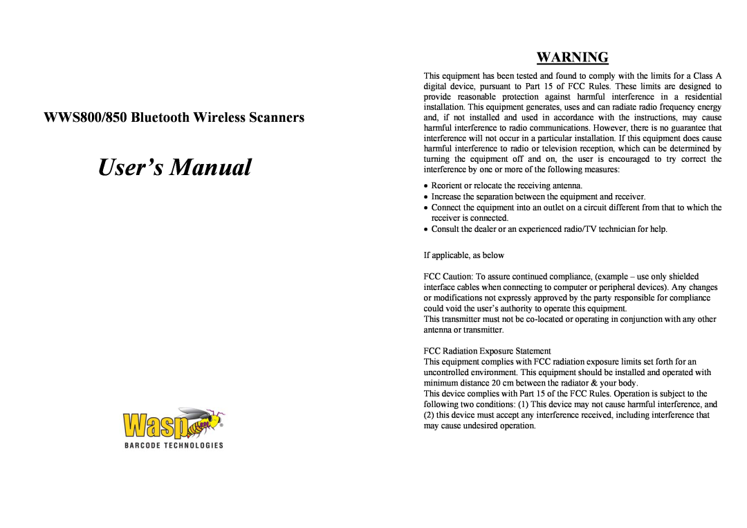 Wasp Bar Code WWS850 user manual WWS800/850 Bluetooth Wireless Scanners, User’s Manual 