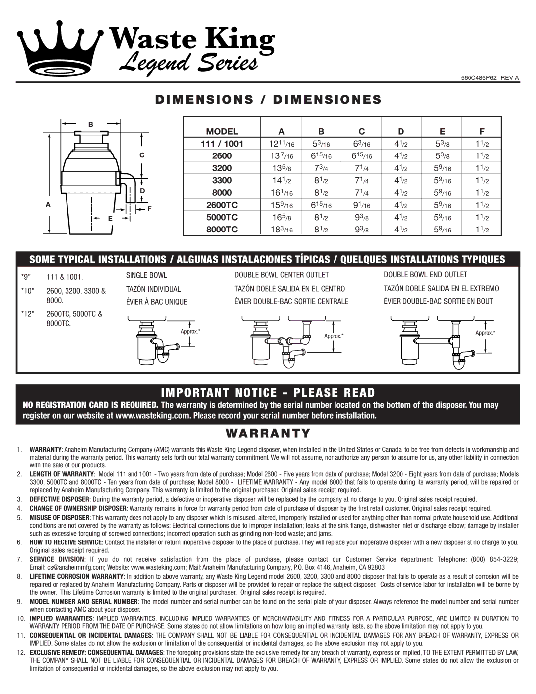 Waste King 2600TC warranty M E N S I O N S / D I M E N S I O N E S, P O RTA N T N O T I C E P L E a S E R E a D, Model 