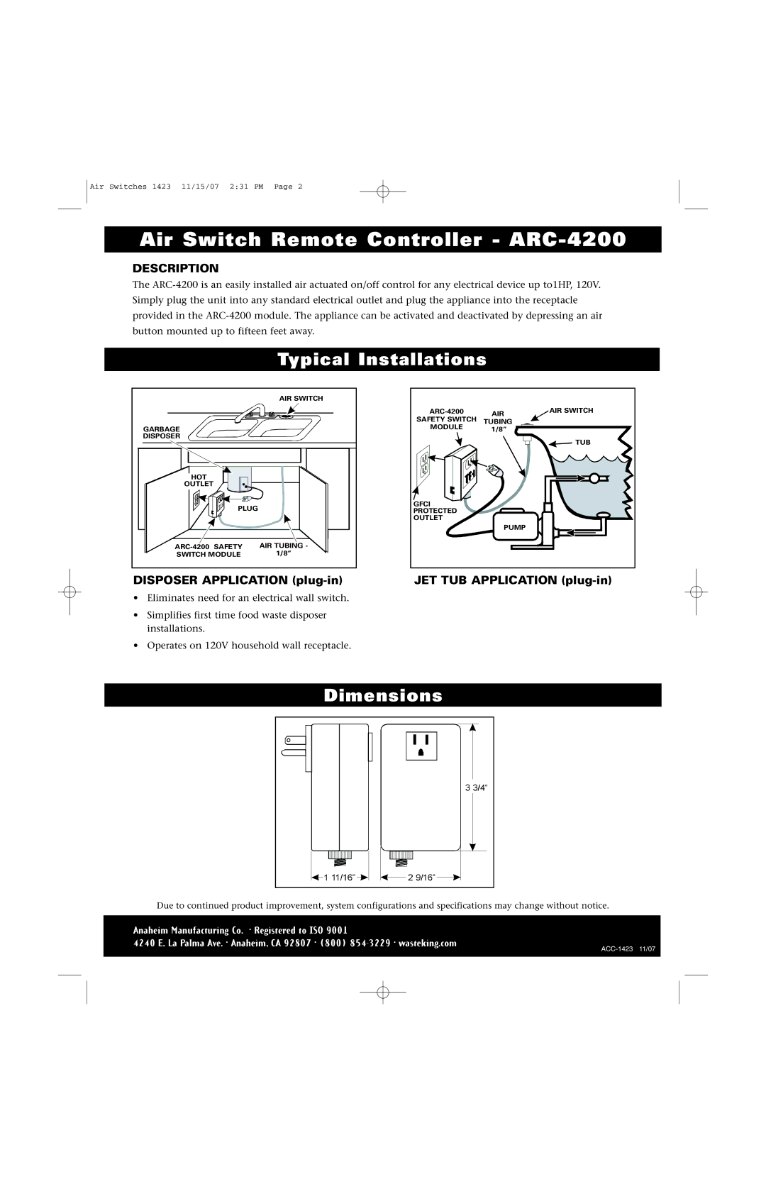 Waste King 1423 manual Air Switch Remote Controller ARC-4200, Typical Installations, Dimensions, Description 