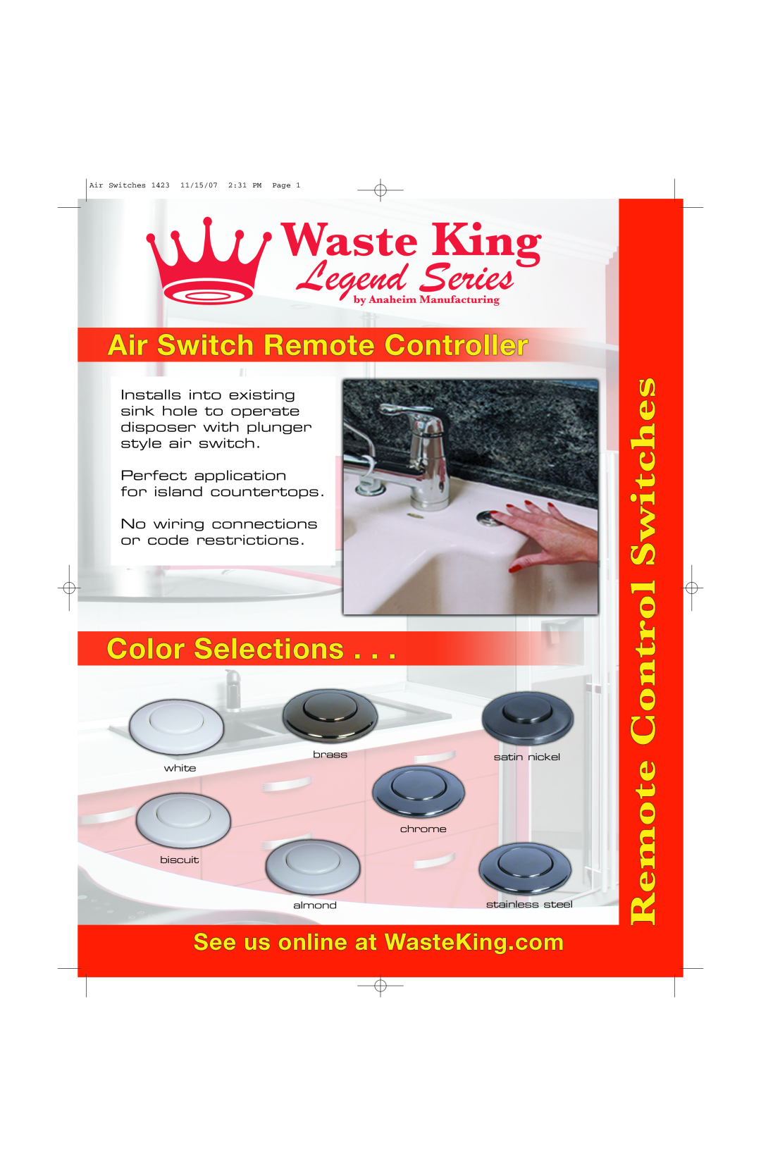 Waste King 1423 manual Perfect application for island countertops, No wiring connections or code restrictions, brass 