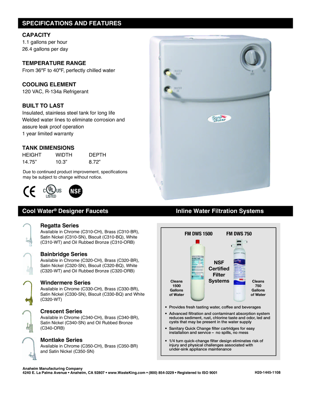 Waste King manual Specifications and Features, Cool Water Designer Faucets, Inline Water Filtration Systems, Nsf 