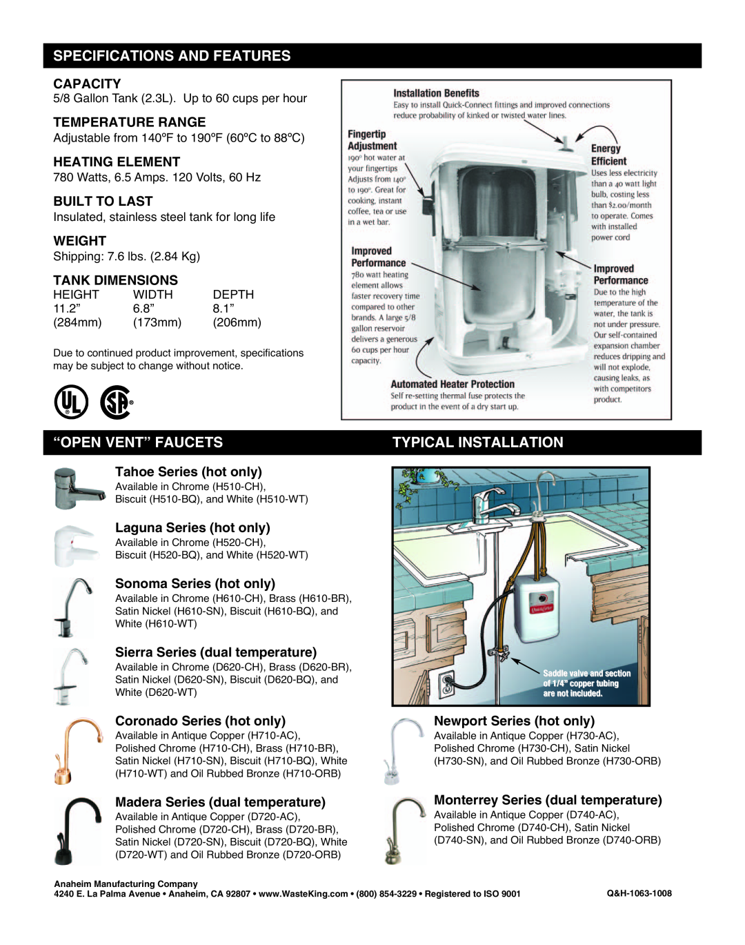 Waste King Hot Water Dispenser Specifications And Features, “Open Vent” Faucets, Typical Installation, 284mm 173mm 206mm 