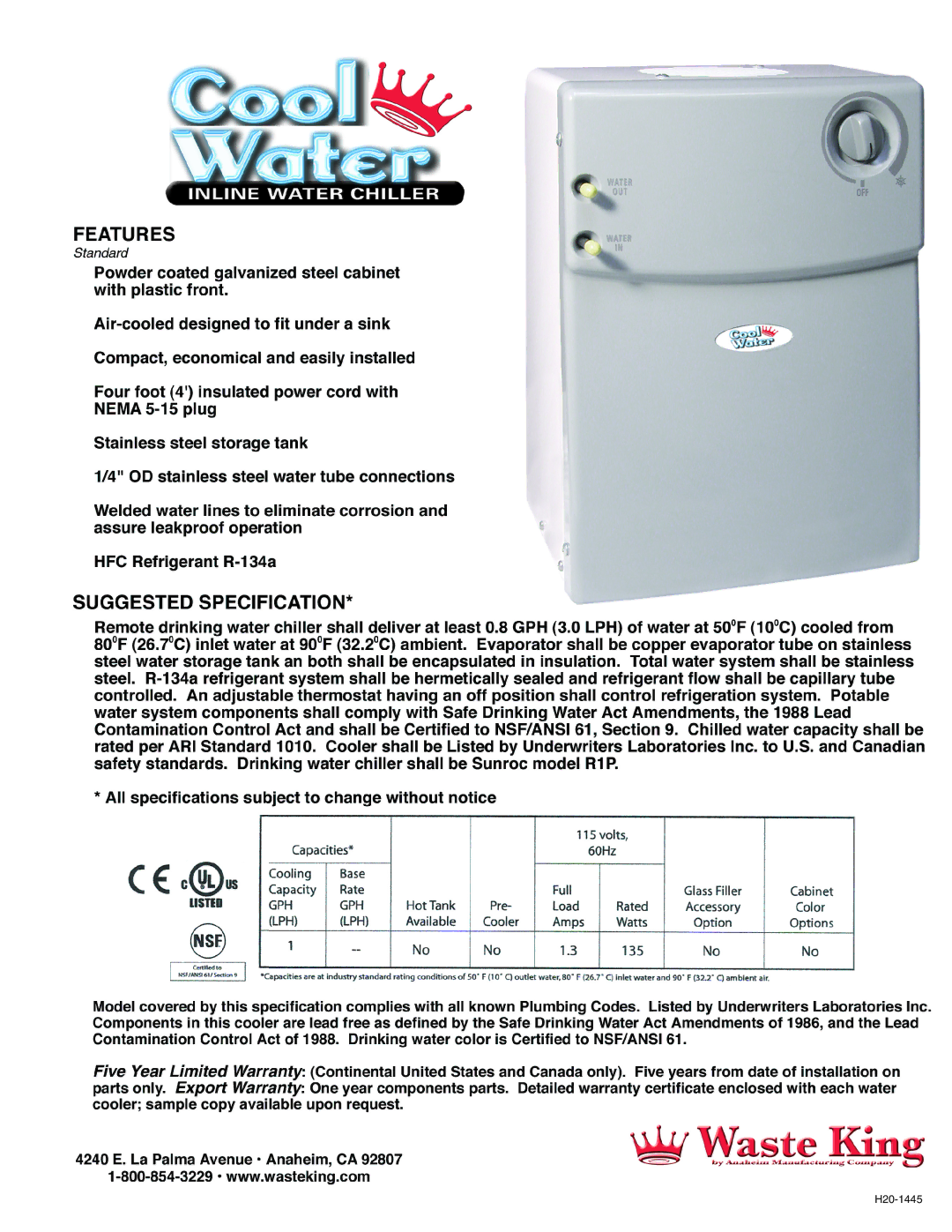 Waste King Inline Water Chiller manual H20-1445 