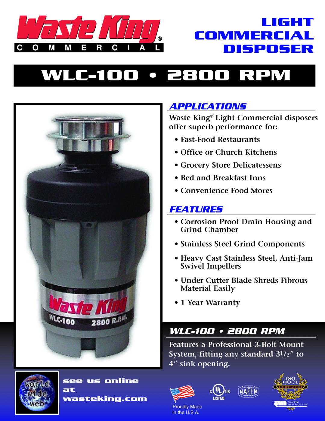 Waste King warranty WLC-100 2800 RPM, Applications, Features 