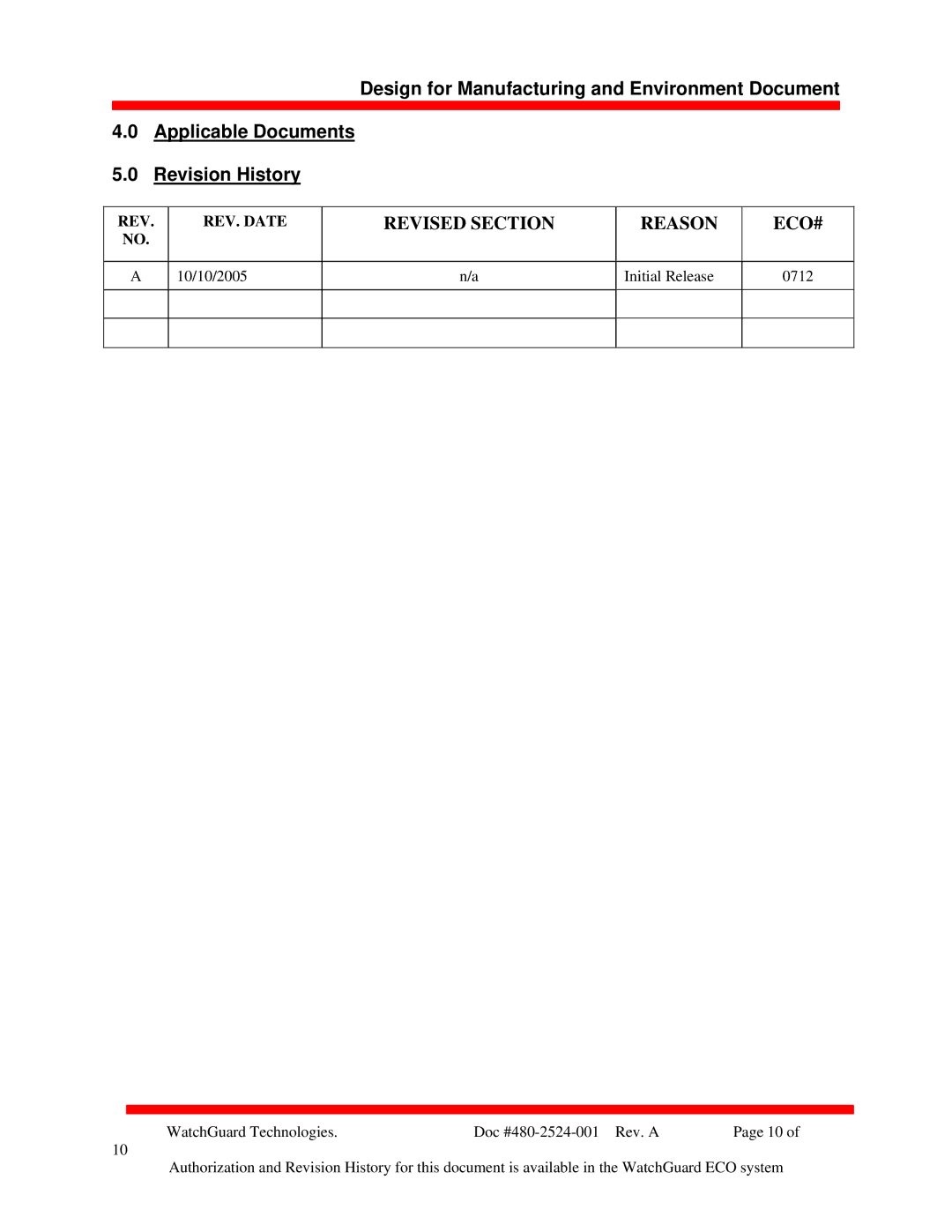 WatchGuard Technologies 480-2524-001 manual Revised Section Reason ECO# 