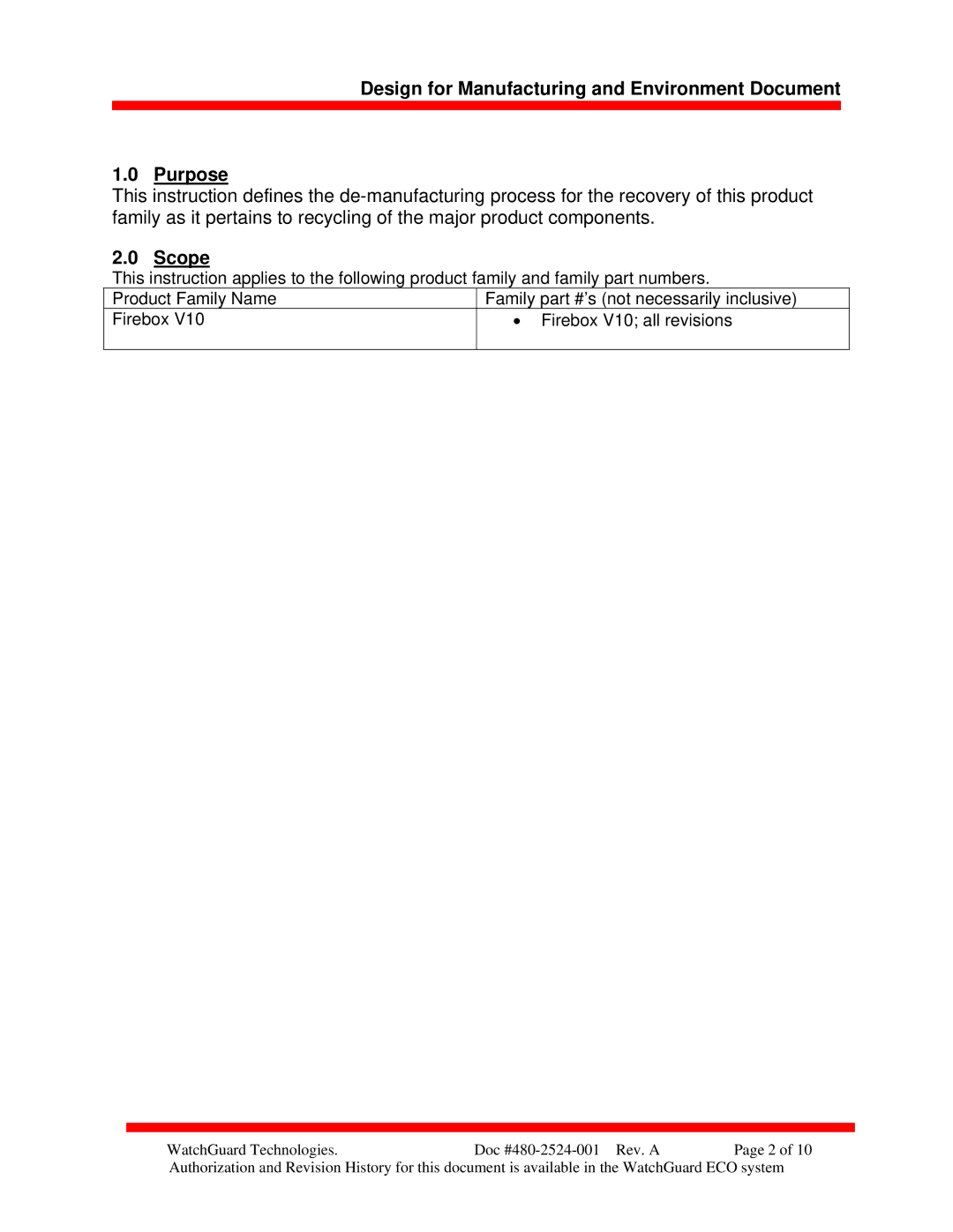 WatchGuard Technologies 480-2524-001 manual Design for Manufacturing and Environment Document Purpose 