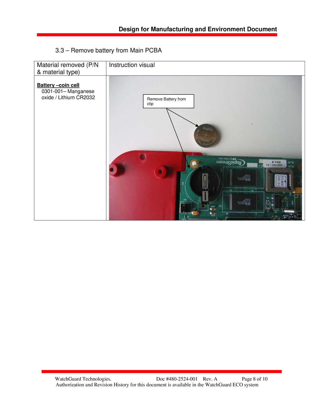 WatchGuard Technologies 480-2524-001 manual Battery -coin cell0301-001- Manganese oxide / Lithium CR2032 