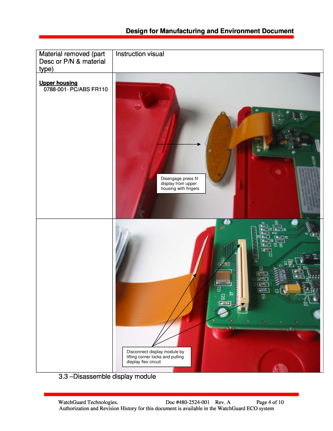 WatchGuard Technologies 480-2524-001 manual Disassemble display module, Upper housing, Instruction visual 
