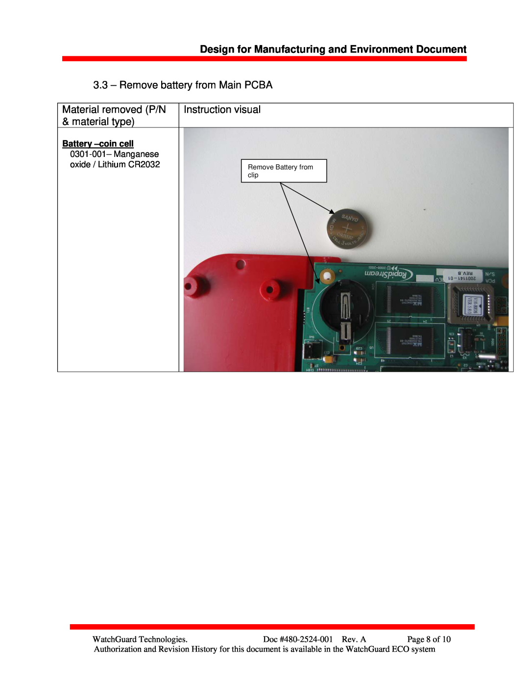 WatchGuard Technologies 480-2524-001 Remove battery from Main PCBA, Design for Manufacturing and Environment Document 
