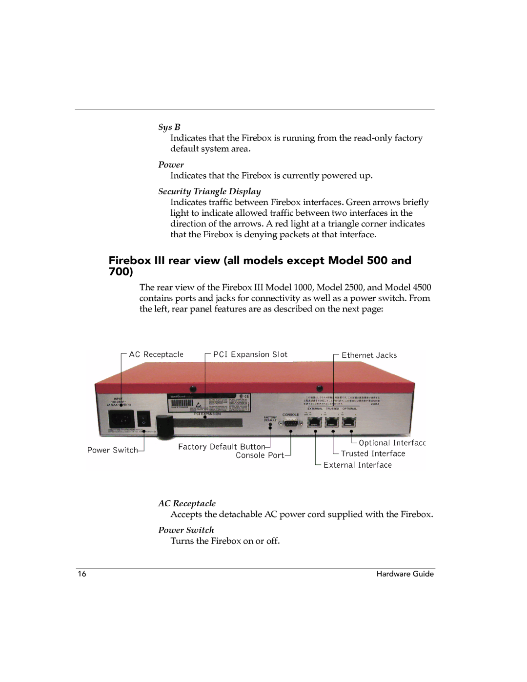 WatchGuard Technologies 700, 4500, 2500, 1000 manual Firebox III rear view all models except Model 500 