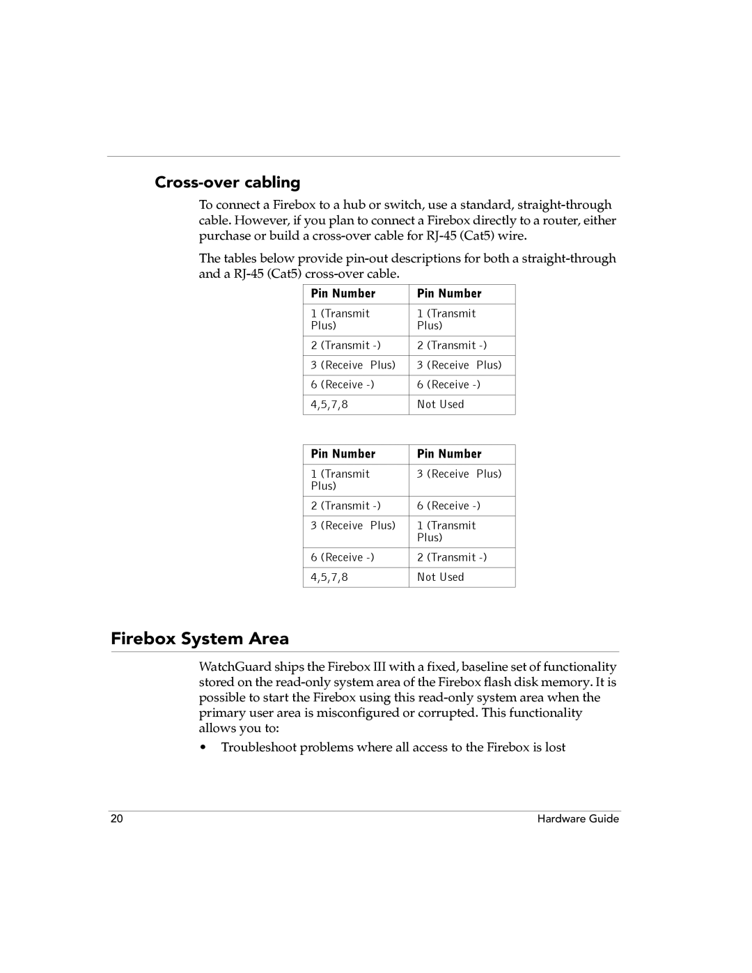 WatchGuard Technologies 1000, 700, 4500, 2500 manual Firebox System Area, Cross-over cabling 