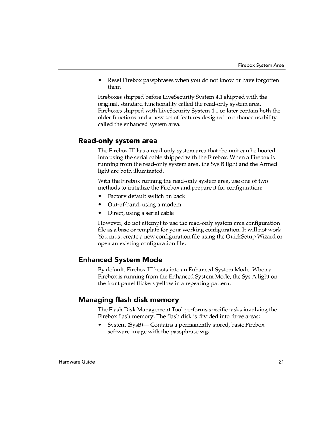 WatchGuard Technologies 700, 4500, 2500, 1000 Read-only system area, Enhanced System Mode, Managing flash disk memory 