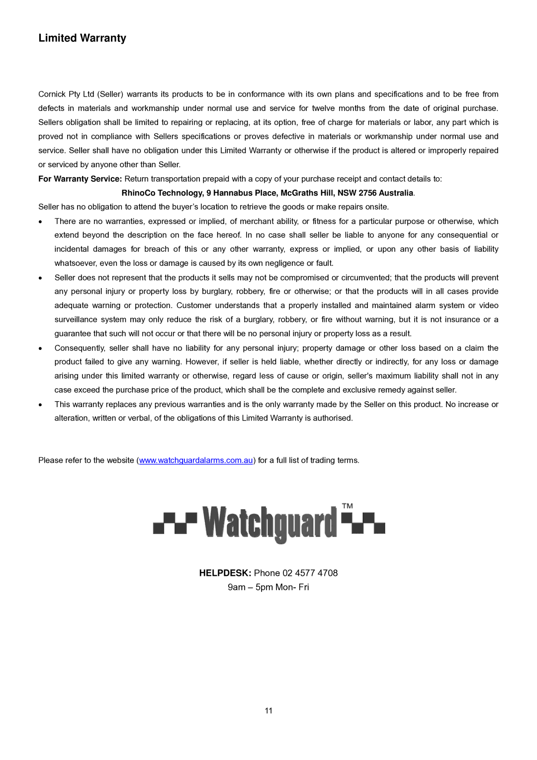 WatchGuard Technologies DVR4ENTPACK manual Limited Warranty 