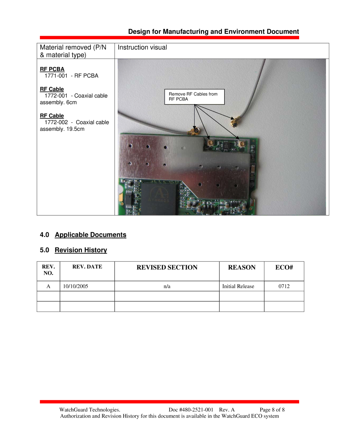 WatchGuard Technologies Firebox X5W manual Applicable Documents Revision History, Revised Section Reason ECO# 