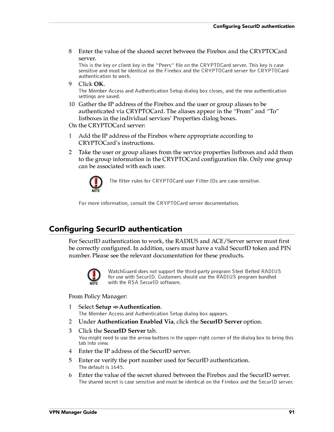 WatchGuard Technologies FireboxTM System 4.6 manual Configuring SecurID authentication 