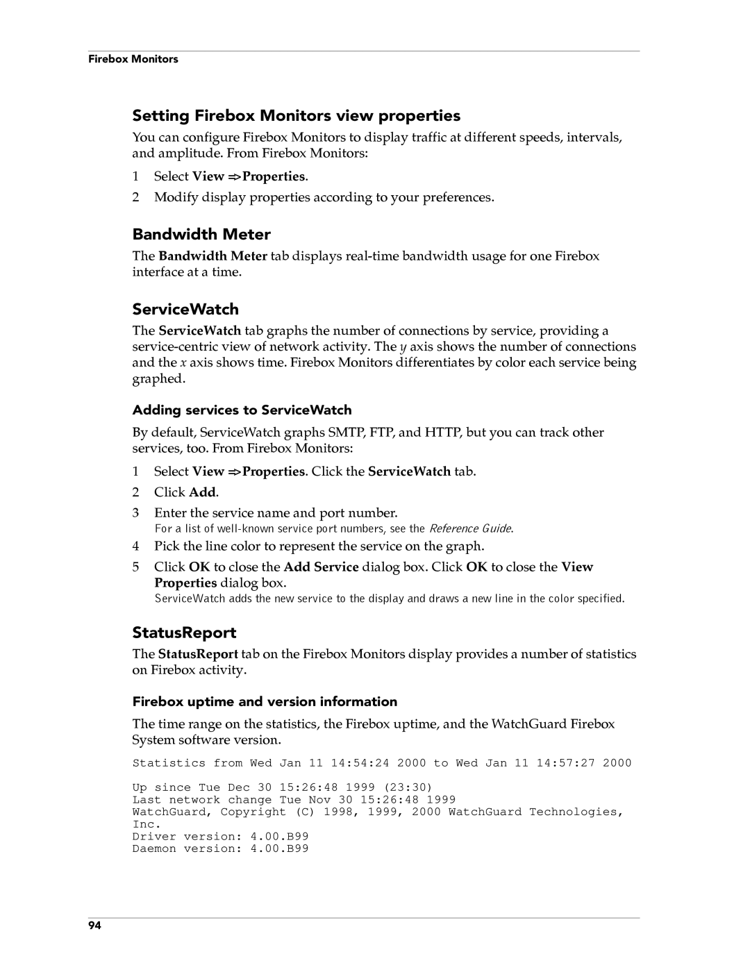 WatchGuard Technologies FireboxTM System 4.6 manual Setting Firebox Monitors view properties, Bandwidth Meter, ServiceWatch 