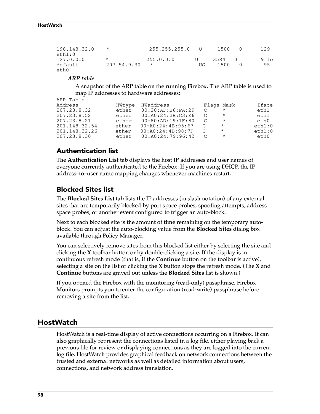 WatchGuard Technologies FireboxTM System 4.6 manual Authentication list, Blocked Sites list, ARP table 