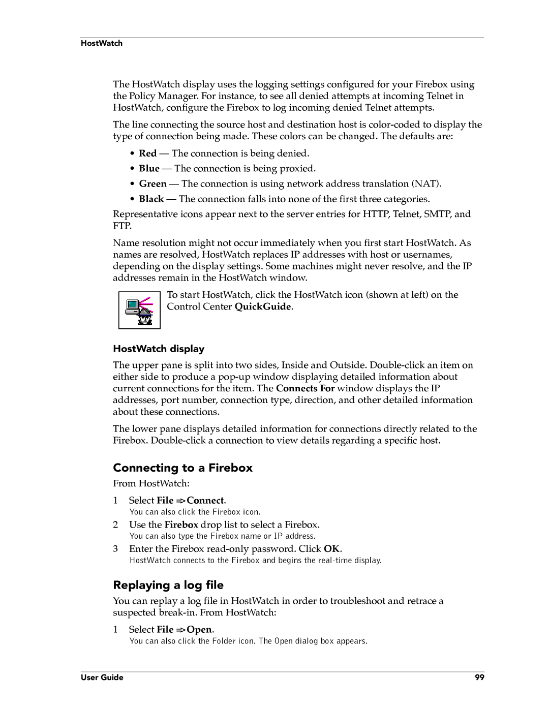 WatchGuard Technologies FireboxTM System 4.6 manual Replaying a log file, HostWatch display, Select File = Connect 