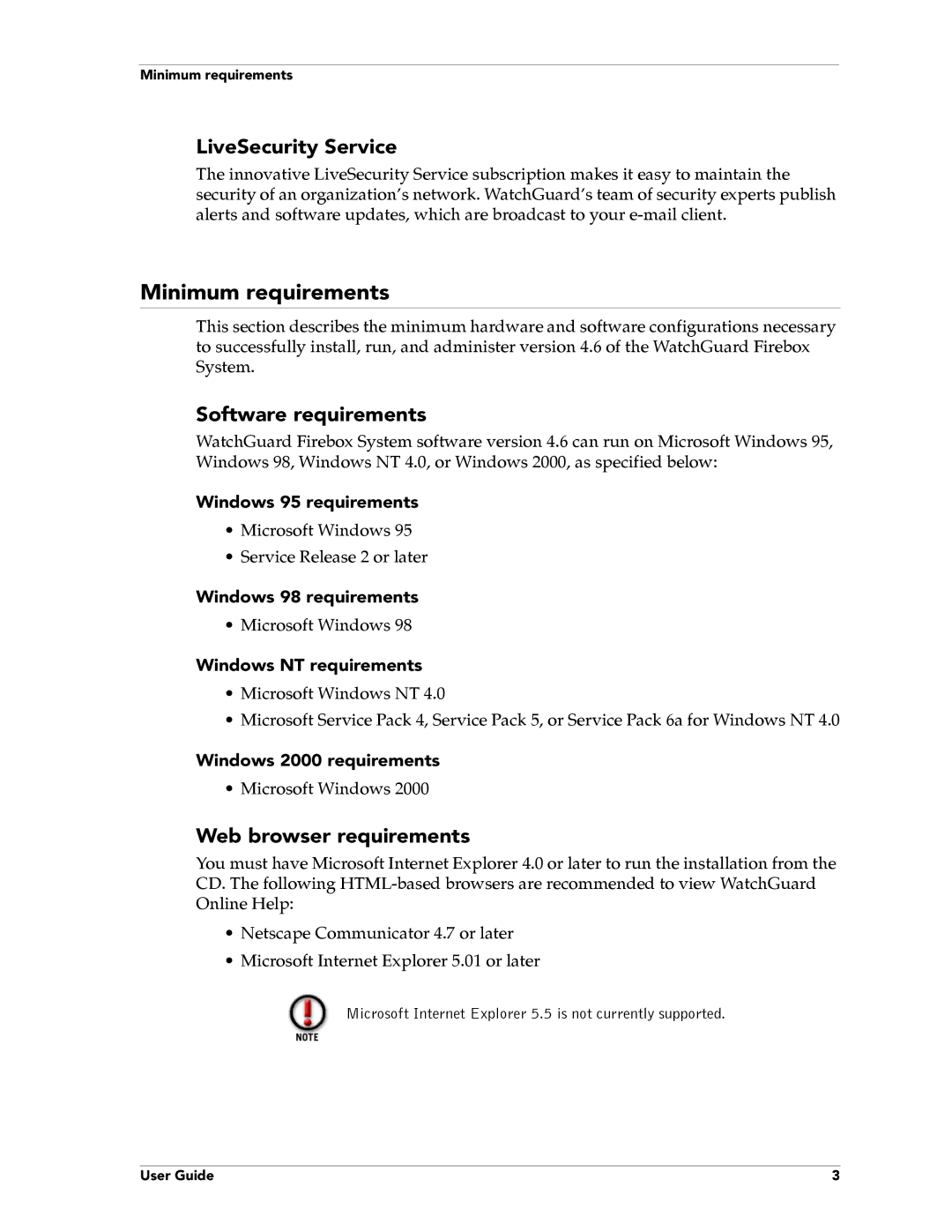 WatchGuard Technologies FireboxTM System 4.6 manual Minimum requirements, LiveSecurity Service, Software requirements 