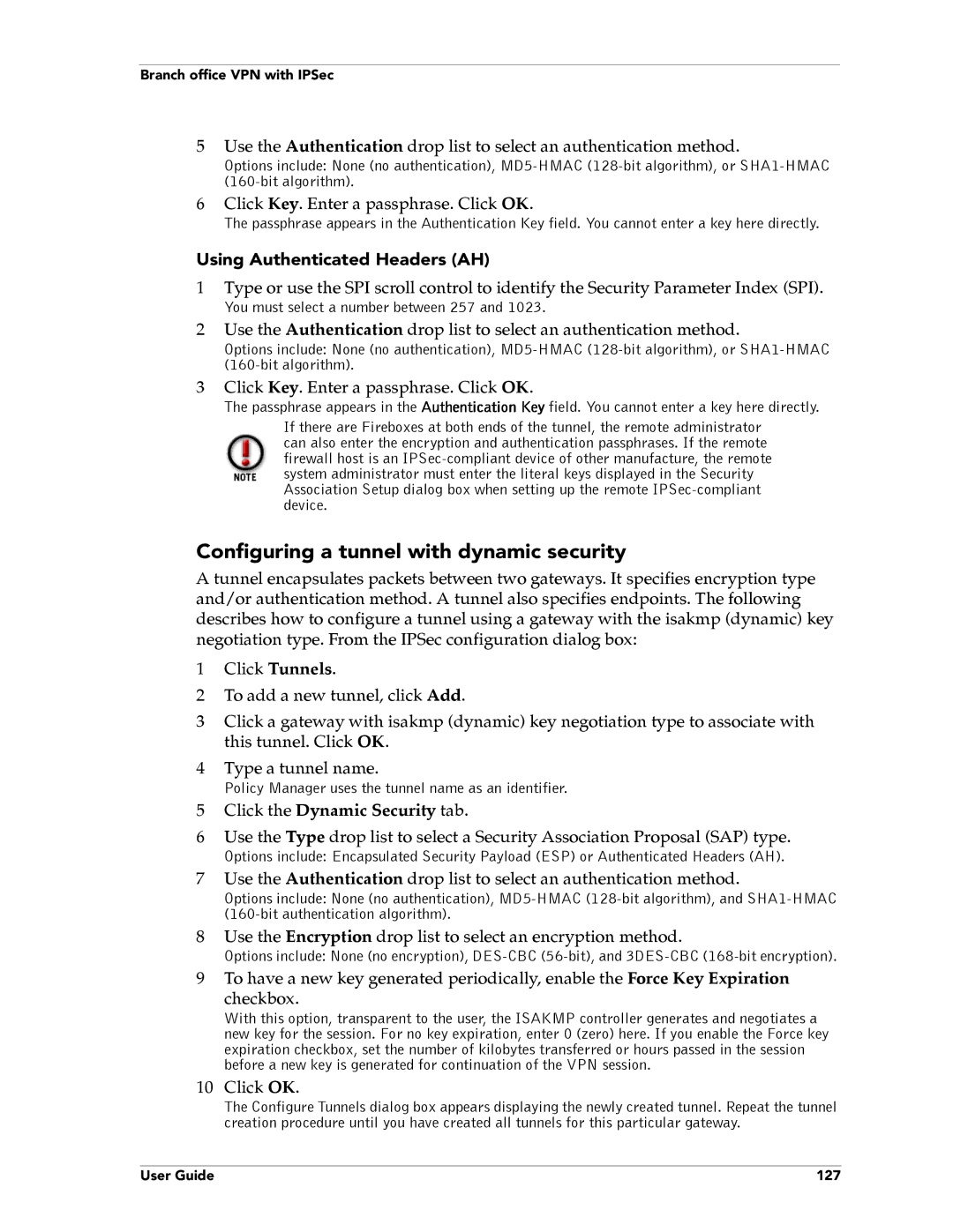 WatchGuard Technologies FireboxTM System 4.6 Configuring a tunnel with dynamic security, Using Authenticated Headers AH 