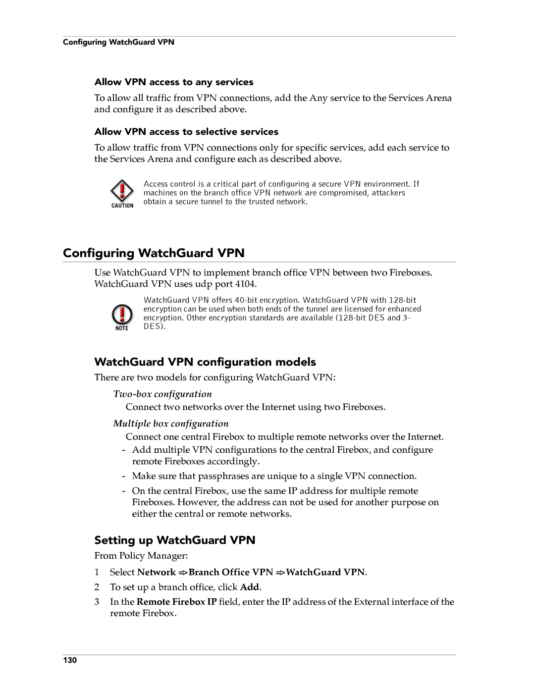 WatchGuard Technologies FireboxTM System 4.6 manual Configuring WatchGuard VPN, WatchGuard VPN configuration models 