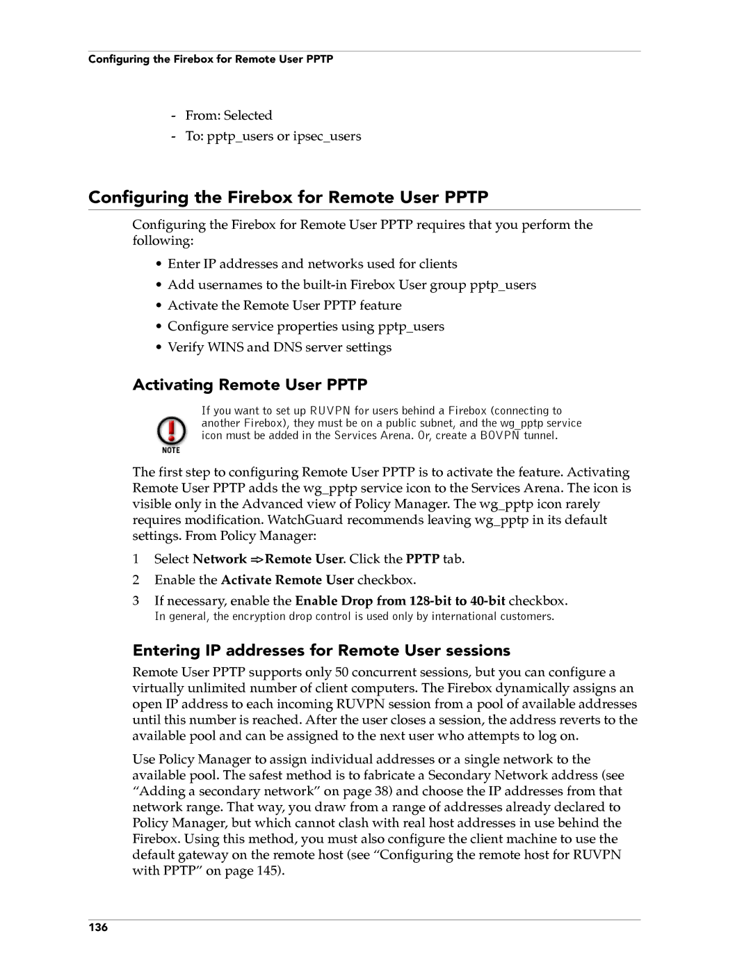 WatchGuard Technologies FireboxTM System 4.6 Configuring the Firebox for Remote User Pptp, Activating Remote User Pptp 